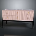 Pink Vertical Striped Cabinet With Marble Top And Gold Handles On Black Legs