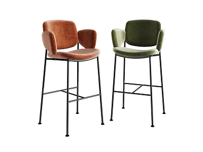 Stylish Orange And Green Velvet Upholstered Bar Stools With Armrests And Black Metal Legs 3d model