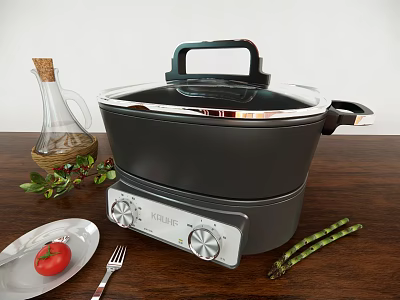 Modern Electric Kitchen Cooker With Olive Oil Bottle Fresh Tomato And Asparagus On Wooden Table 3d model