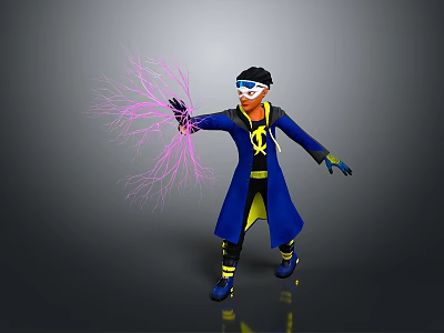 Powerful Character Wearing Blue Coat With Yellow Symbol And Goggles Emitting Purple Lightning Energy 3d model