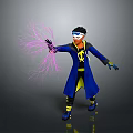 Powerful Character Wearing Blue Coat With Yellow Symbol And Goggles Emitting Purple Lightning Energy