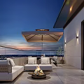 Elegant Rooftop Garden With Covered Area String Lights Sofa Blue Cushions Round Table City View