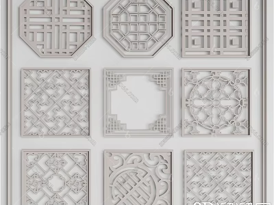 Traditional Chinese Carved Lattice Windows Featuring Various Geometric And Floral Patterns 3d model