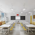 School Classroom Interior With White Tables Yellow Stools Blackboard Windows And Cabinets 3d model