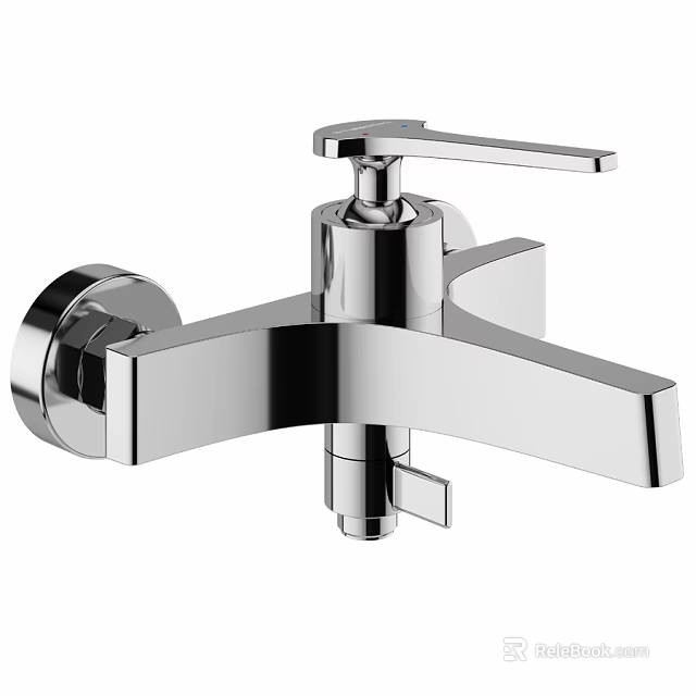 Modern Chrome Wall Mounted Faucet With Lever Handle And Streamlined Spout Design 3d model 