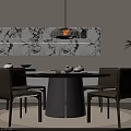 Elegant Black Round Dining Table Set with Brown Chairs Marble Wall And Pendant Light 3d model
