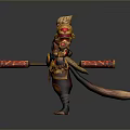 Muscular Mythical Game Film Character Wearing Golden Red Armor And Holding Staff With Tail