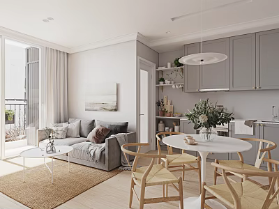 Modern Open Concept Dining Living Room With Gray Sofa Wooden Chairs And Pendant Light 3d model