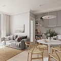 Modern Open Concept Dining Living Room With Gray Sofa Wooden Chairs And Pendant Light