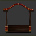 Decorative Arch Shaped Bridge Model With Wooden Deck Red And Gold Railings And Pillar Supports