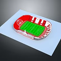 Red Football Stadium Architectural Model Design With Green Pitch And Surrounding Stands