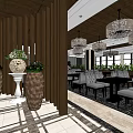 Elegant Restaurant Interior With Chandeliers Seating Area Decorative Plants Columns And Marble Flooring