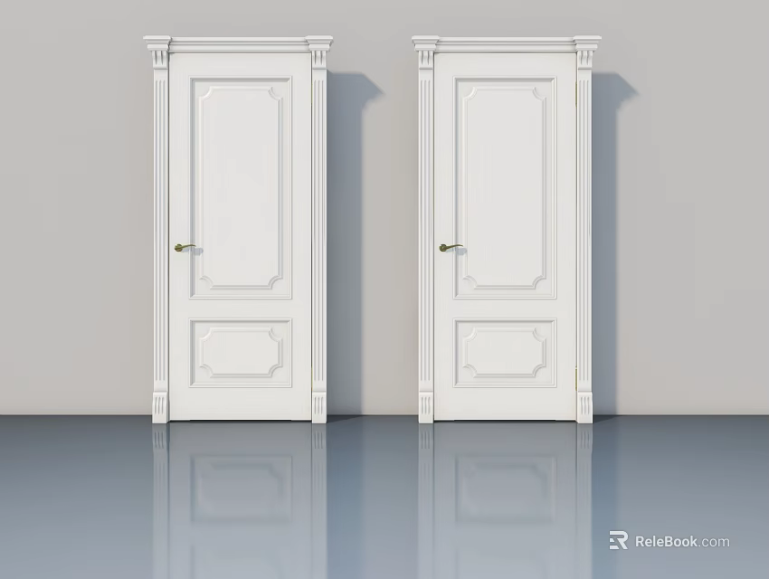 White Hinged Doors With Decorative Panel Details And Carved Frames In Modern Interior 3d model