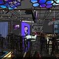 Contemporary Bar Interior Design With Colorful Lighting High Stools Bar Counter And Geometric Ceiling