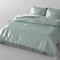Elegant Double Bed With Light Green Silky Bedding And Lace Trim Pillows