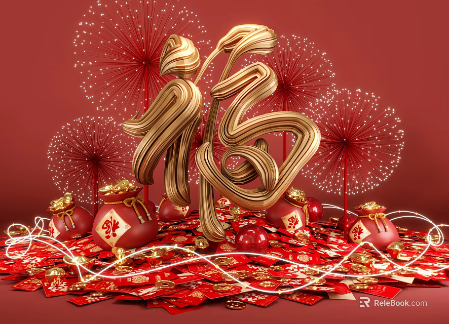 Chinese New Year Photo Spot With Golden Fu Character Red Firework Decorations And Lucky Bags 3d model 