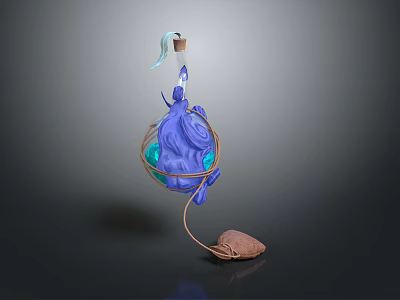 3D Rendered Hanging Decorative Structure With Blue Swirling Liquid Copper Ring And Wooden Base 3d model