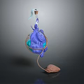 3D Rendered Hanging Decorative Structure With Blue Swirling Liquid Copper Ring And Wooden Base