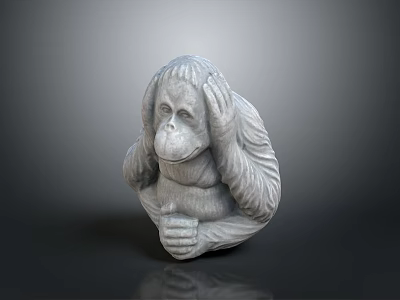Gray Ape Sculpture Sitting with Hands Near Ears and Detailed Stone Like Texture 3d model