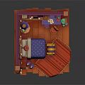 Cartoon Room Interior Scene With Wooden Frame Purple Curtains Blue Star Bed And Red Rug