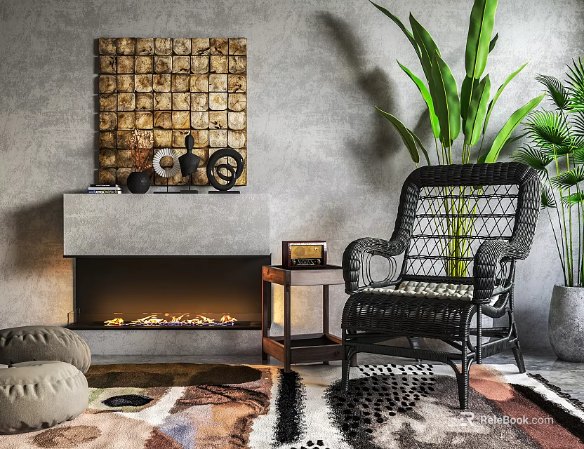 Black Rattan Accent Chair in Living Room with Stone Fireplace Green Plants and Patterned Rug 3d model 