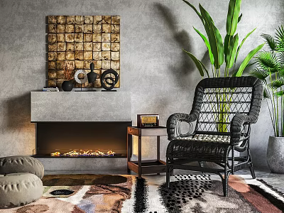Black Rattan Accent Chair in Living Room with Stone Fireplace Green Plants and Patterned Rug 3d model