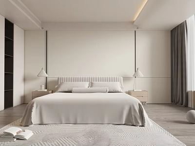 Modern Bedroom Interior With Large Bed Nightstands Table Lamps Curtains And Wooden Floors 3d model