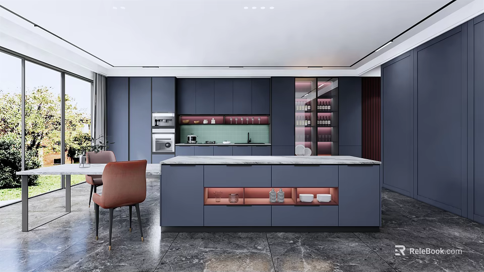 Modern Kitchen Interior Design With Dark Blue Cabinets Island And Red Storage 3d model 