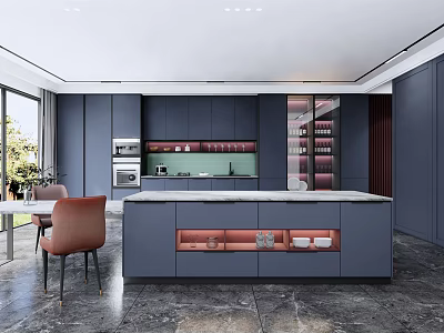 Modern Kitchen Interior Design With Dark Blue Cabinets Island And Red Storage 3d model