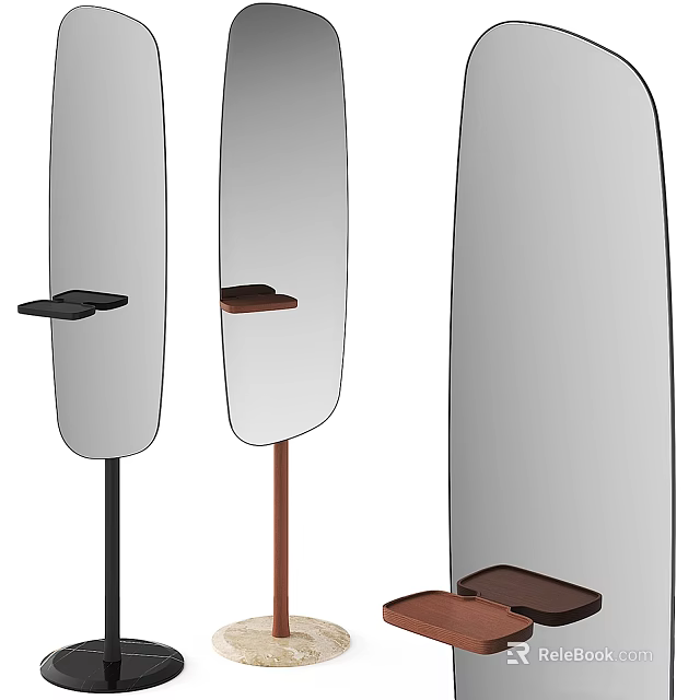 Three Modern Standing Mirrors With Different Colored Stands And Small Trays 3d model