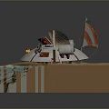 Decorative Model With Wooden Base Water Scene Flag Red Details And Metal Structure