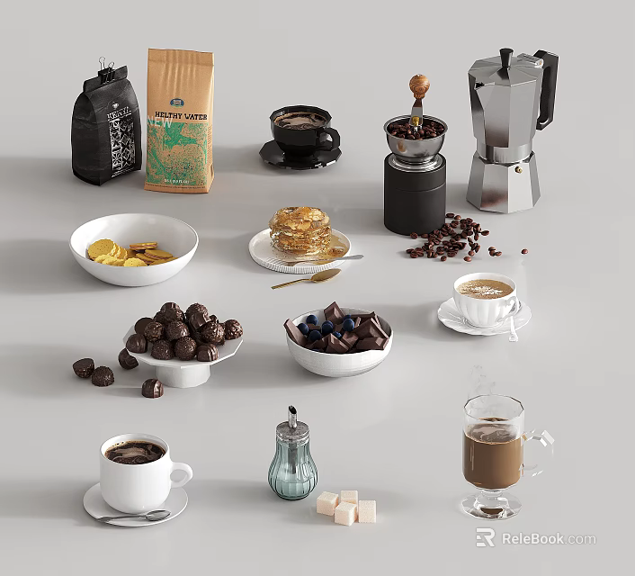 Assorted Chocolates Cookies And Coffee Drinks 3d model 