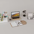 Organized Office Desk With Folder Laptop Notebook Pen Lamp And Coffee Cup