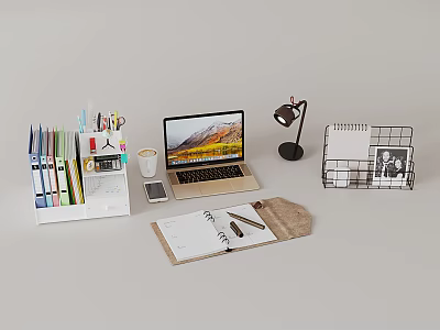 Organized Office Desk With Folder Laptop Notebook Pen Lamp And Coffee Cup 3d model