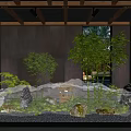 Indoor Landscape with Bamboo Stones Small Lanterns Mist Against Dark Walls Wooden Beams and Lighting