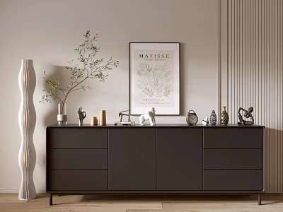 Modern Dark Toned Dresser With Decorative Items Greenery And Wall Art 3d model