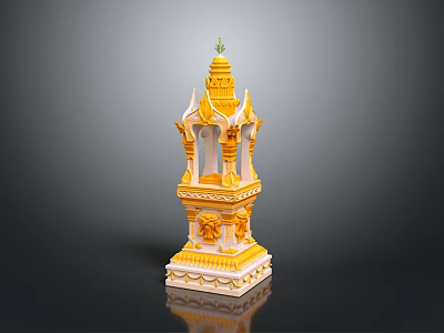 Traditional Yellow And White Pagoda Tower With Intricate Decorations Ornate Base And Spire 3d model
