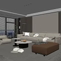 Modern Living Room Interior Design With Beige Sofa And City View Windows