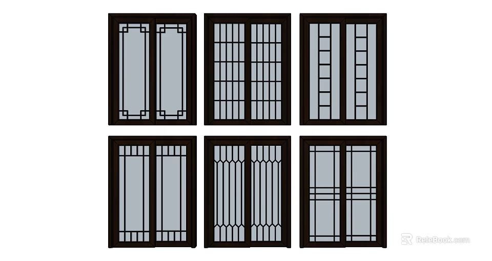 Various Sliding Doors With Black Frames And Glass Grille Patterns For Home Use 3d model