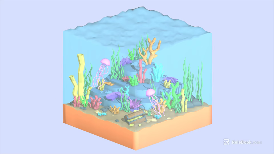 Cartoon Underwater Scene in Transparent Cube with Sandy Bottom Coral Seaweed Jellyfish And Marine Life 3d model 