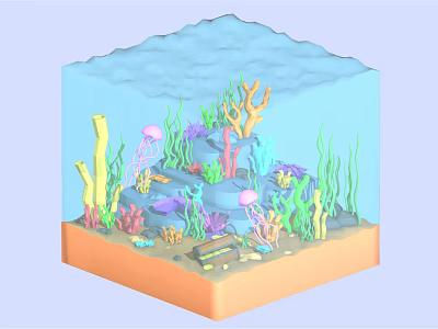 Cartoon Underwater Scene in Transparent Cube with Sandy Bottom Coral Seaweed Jellyfish And Marine Life 3d model
