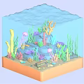 Cartoon Underwater Scene in Transparent Cube with Sandy Bottom Coral Seaweed Jellyfish And Marine Life