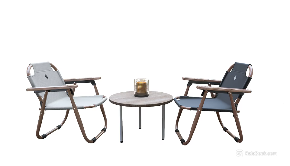 Round Outdoor Table With Candle Lantern And Two Folding Chairs In Light Dark Gray 3d model 