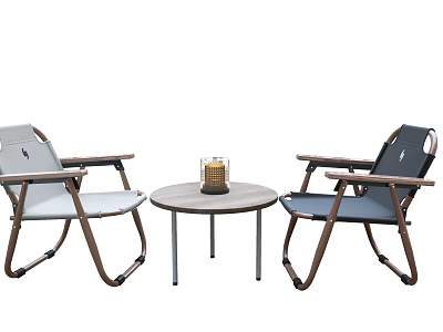 Round Outdoor Table With Candle Lantern And Two Folding Chairs In Light Dark Gray 3d model