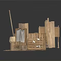 Vintage Wooden Mechanical Structure With Wheel Frame Planks And Drum Components 3d model