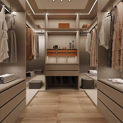 Modern Walk In Closet With Organized Storage Hanging Clothes And Drawers 3d model