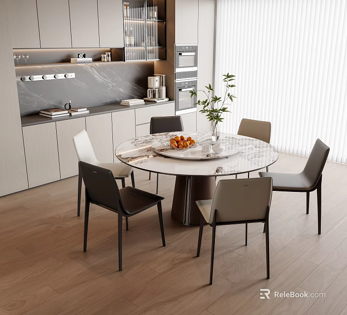 Modern Round Dining Table Set with Marble Top Chairs Fruit Platter and Vase in Kitchen 3d model 