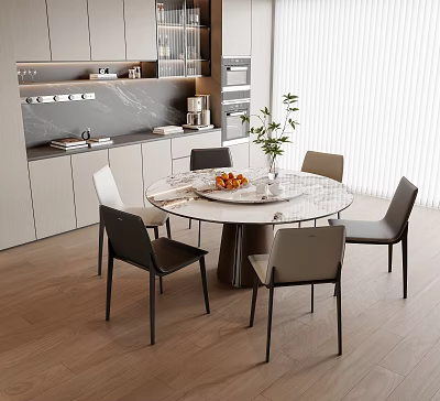 Modern Round Dining Table Set with Marble Top Chairs Fruit Platter and Vase in Kitchen 3d model