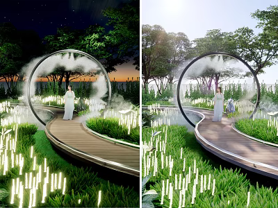 Garden Feature With Circular Archway Wooden Pathway Green Plants White Light Poles Day Night Views 3d model