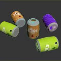 ZUK Colorful Beverage Cans In Orange Yellow And Purple Designs On Reflective Surface